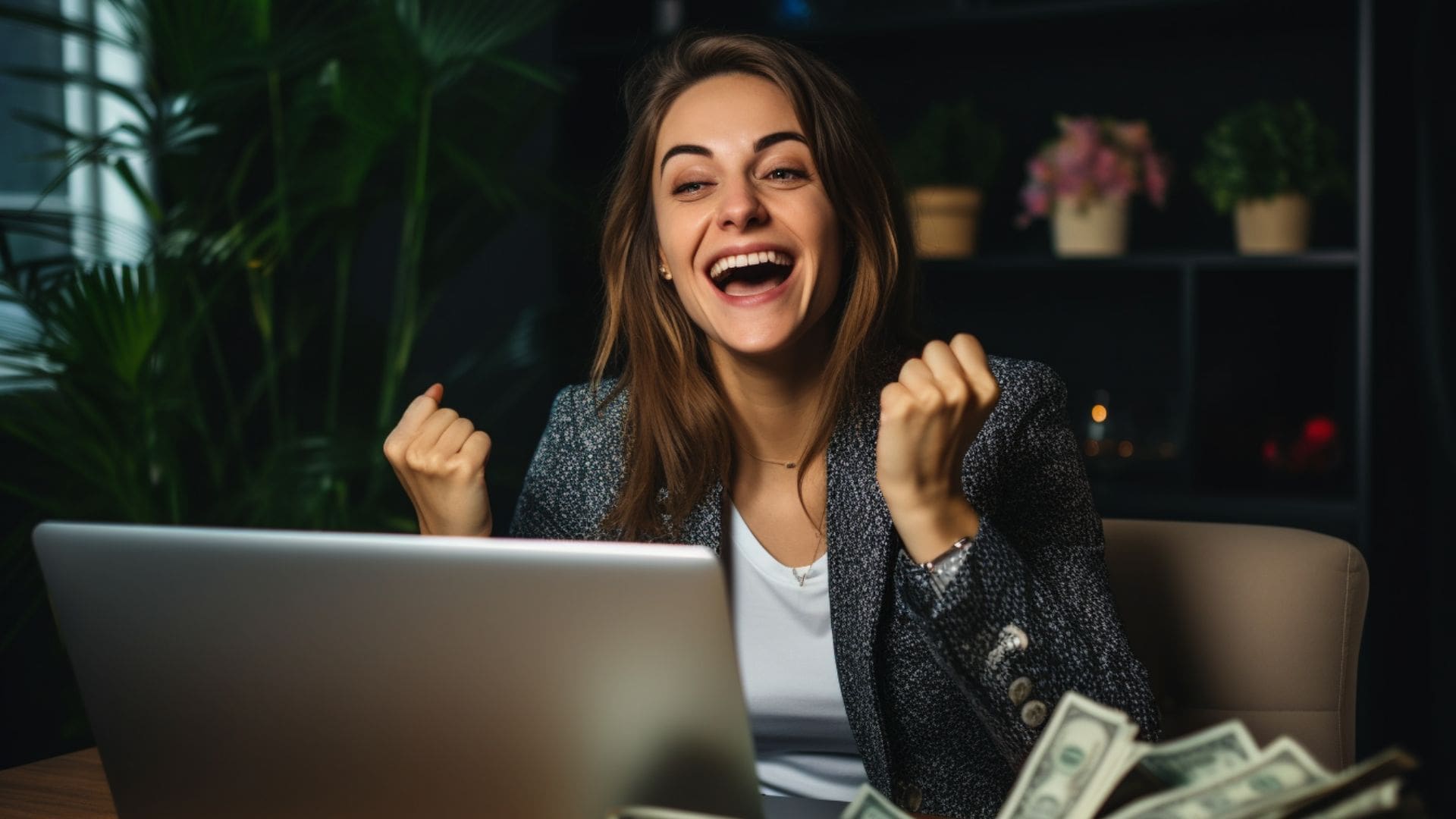 Photo d'une femme dans son salon devant son ordinateur qui est très heureuse car elle a beaucoup d'aregnt en espèce devant elle.