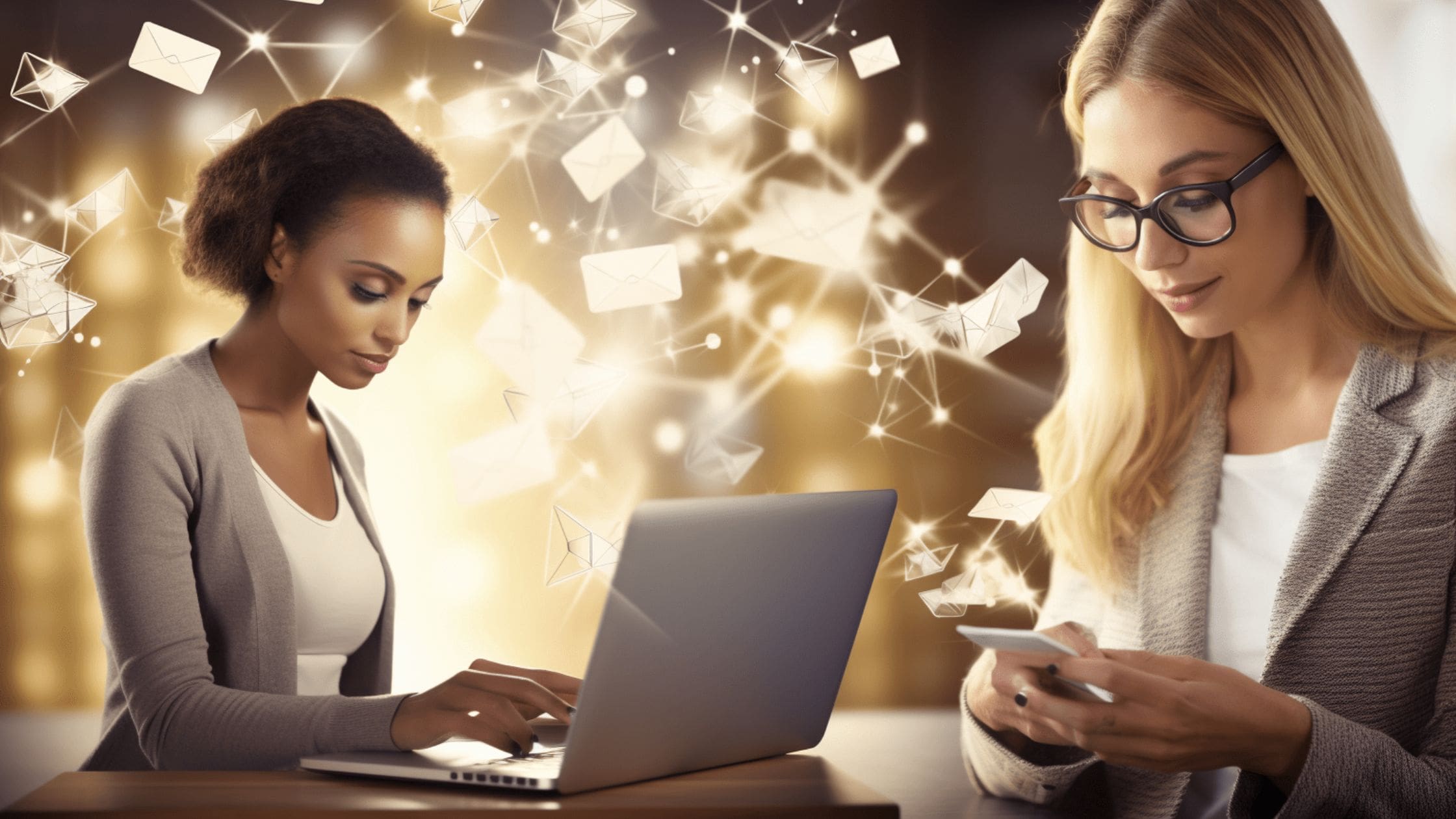 Une femme métisse devant un ordinateur entourée d'enveloppe email avec une autre femme blonde en face qui réceptionne les emails.