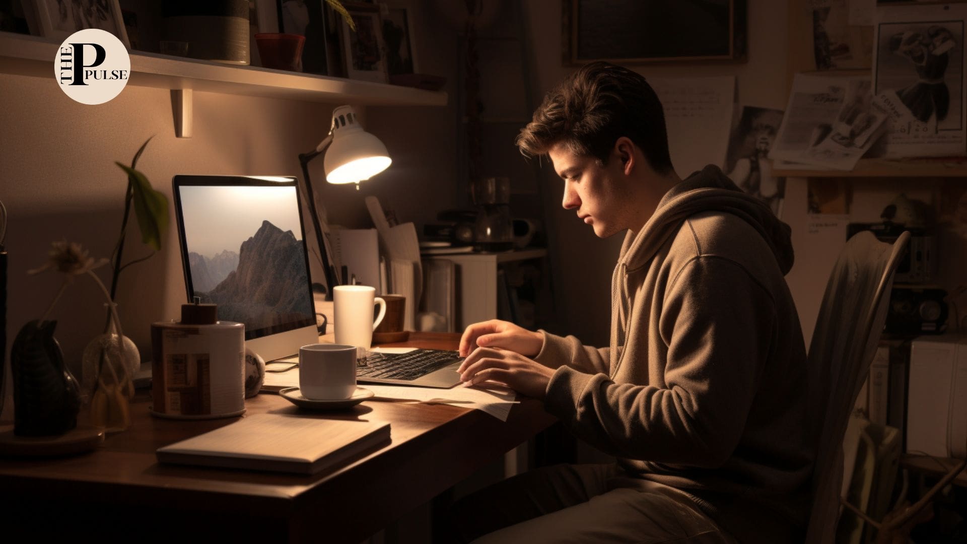 Une jeune homme est asis dans sa chambre avec une lumière tamisée. Il est concentré devant son ordinateur.