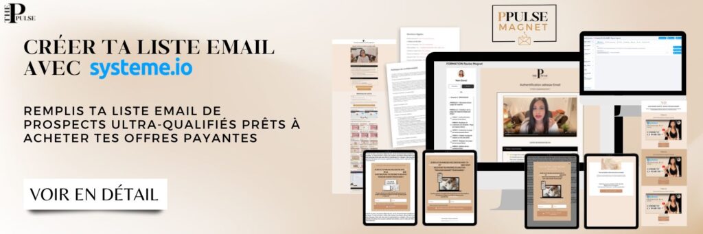 Bannière de publicité avec un mockup qui présente tous les outils contenu dans la formation pour créer une liste email.