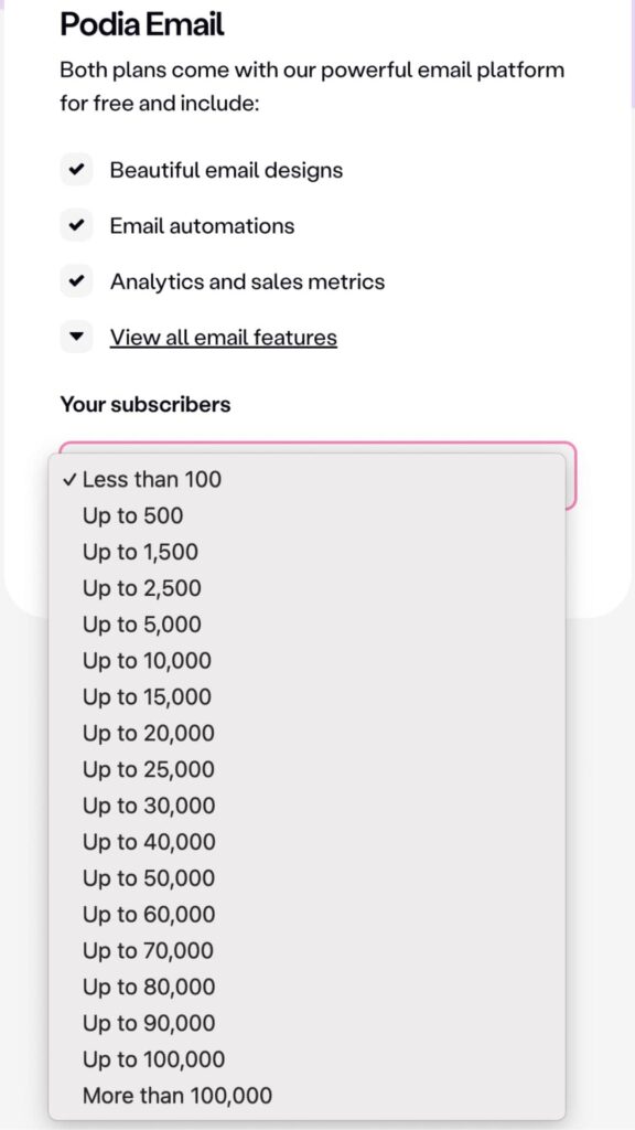 Plan d'abonnement de contacts emails sur Podia.