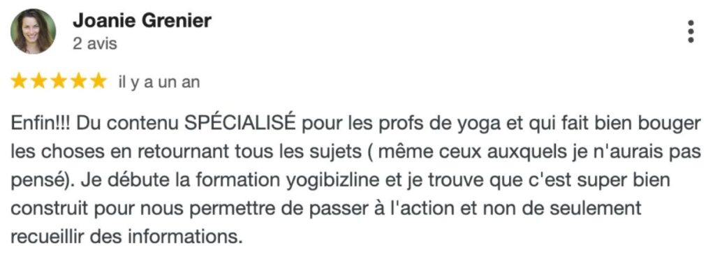 Capture d'écran d'un retour client sur le programme Yogibizline