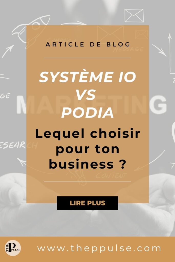 Texte : Système io vs podia, lequel choisir pour ton business ? avec une photo marketing en fond.