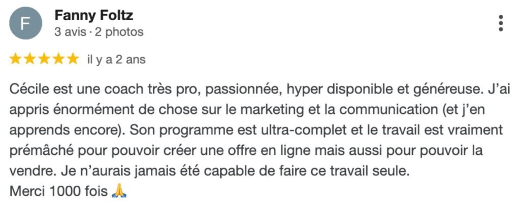 Capture d'écran d'un retour cliente sur la formation Yogibizline