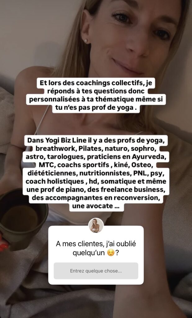 Photo issu d'une story instagram de Cécile qui liste certaines activité hors yoag de ses clientes actuelle.