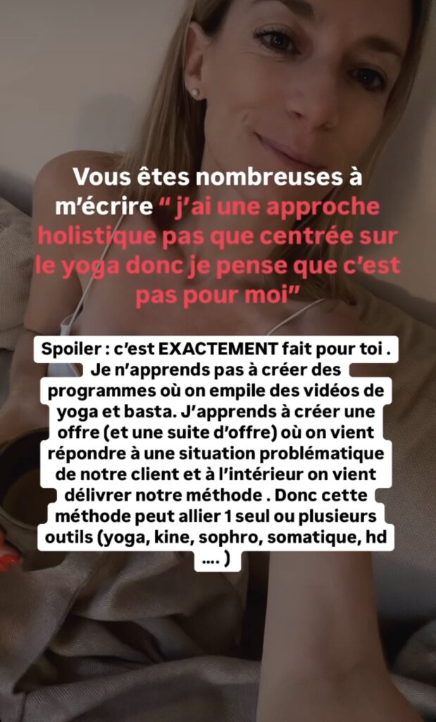 Photo issu d'une story instagram de Cécile qui réponds aux questions de personnes qui ne sont pas profs de yoga pour savoir si le programme est fait pour eux.